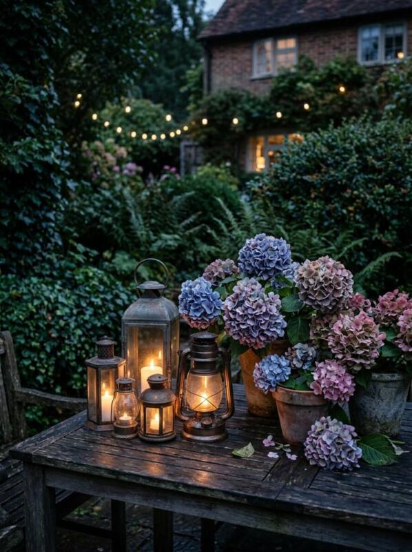 Lanterns and Hydrangeas on the Table – garden lighting idea for UK gardens