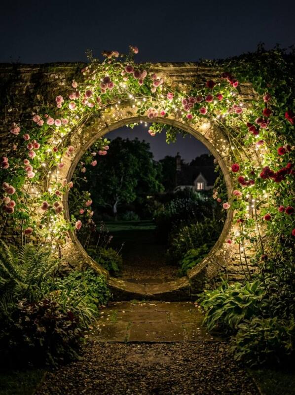 A Moon Gate with Roses and Fairy Lights – garden lighting idea for UK gardens