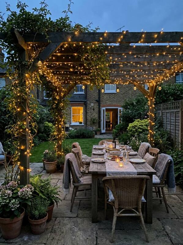 Fairy Lights on a Pergola over the Dining Table – garden lighting idea for UK gardens