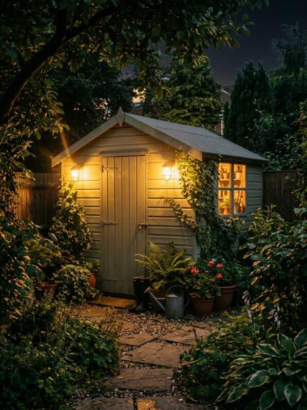 Warm Wall Lights on the Shed – garden lighting idea for UK gardens