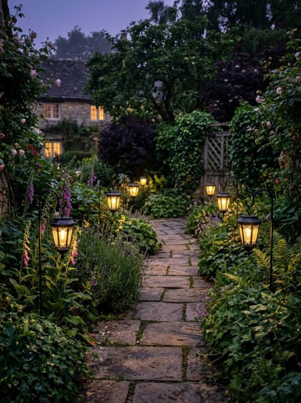 Solar Lanterns along a Path – garden lighting idea for UK gardens