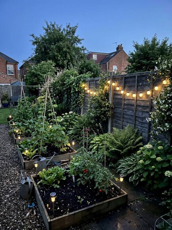 Solar Stake Lights in the Veg Patch – garden lighting idea for UK gardens