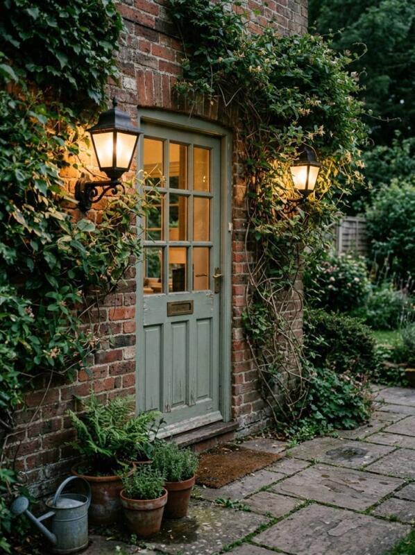 Wall Lanterns beside the Back Door – garden lighting idea for UK gardens