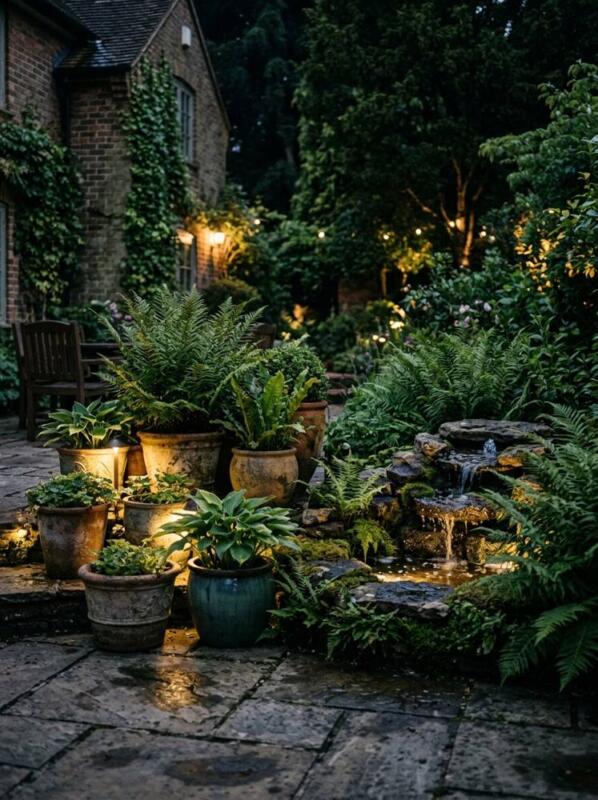 A Softly Lit Water Feature – garden lighting idea for UK gardens