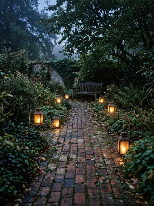 A Brick Path Lined with Lanterns – garden path idea for UK gardens