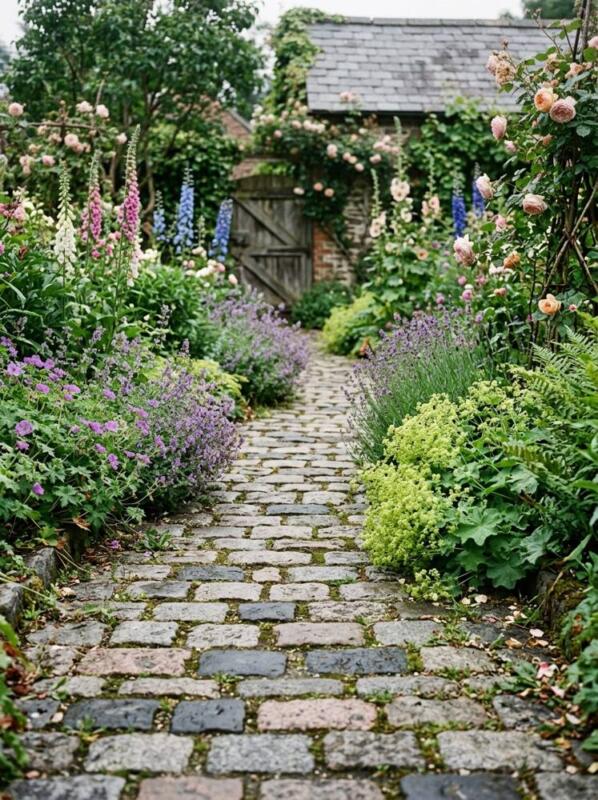 Granite Setts with a Cottage Border – garden path idea for UK gardens