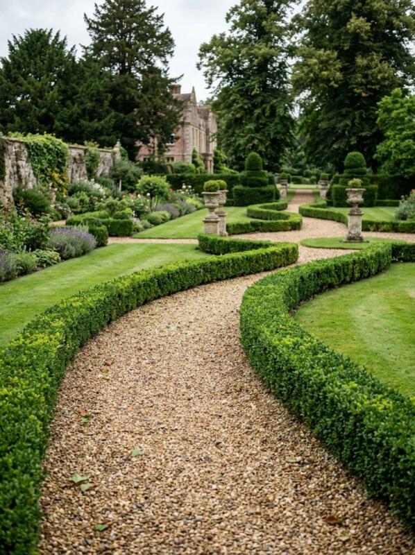 A Curved Gravel Path with Box Edging – garden path idea for UK gardens