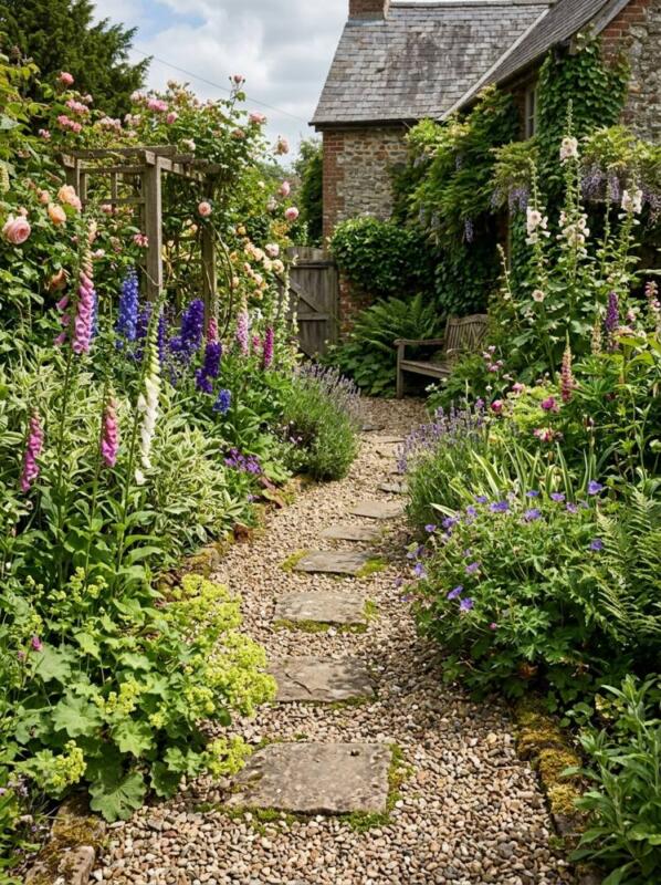 Gravel and Stepping Stones through a Cottage Border – garden path idea for UK gardens