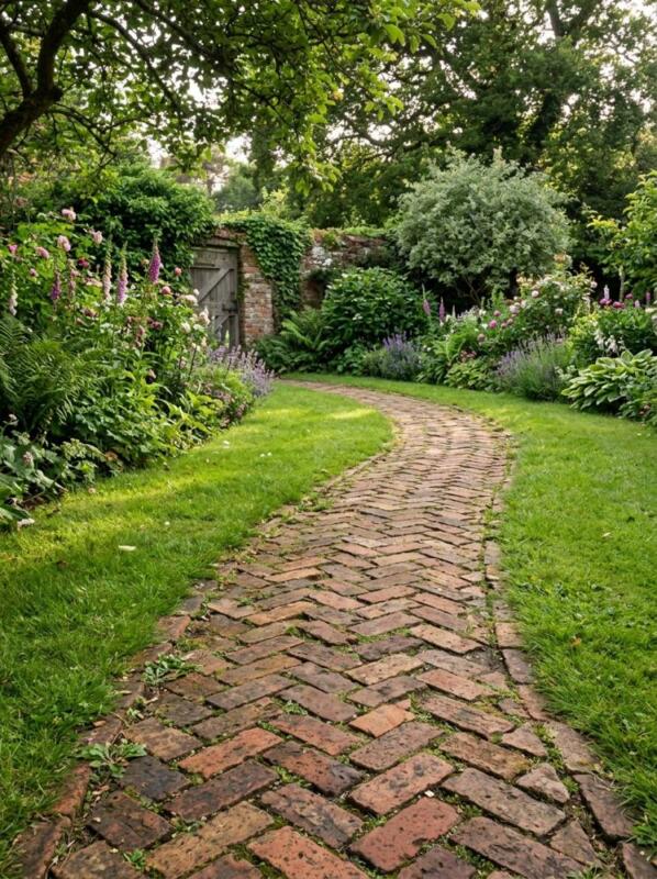 A Brick Herringbone Path through the Lawn – garden path idea for UK gardens