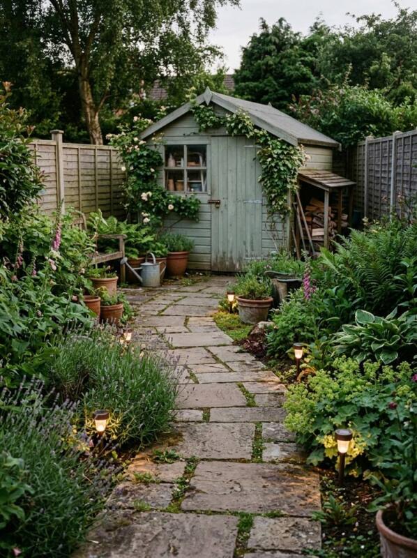 A Paved Path to the Shed with Solar Lights – garden path idea for UK gardens