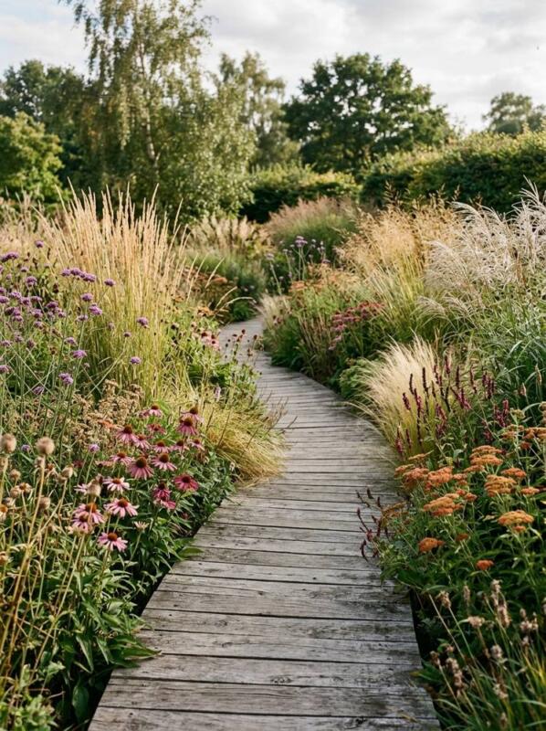 A Timber Boardwalk through Grasses – garden path idea for UK gardens