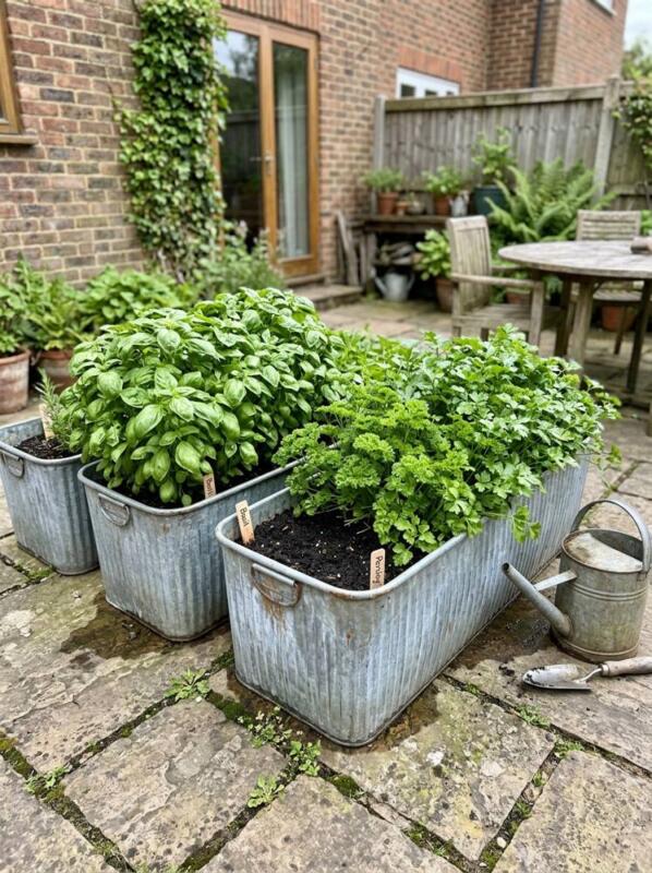 Galvanised Troughs of Basil and Parsley – herb garden idea for small spaces