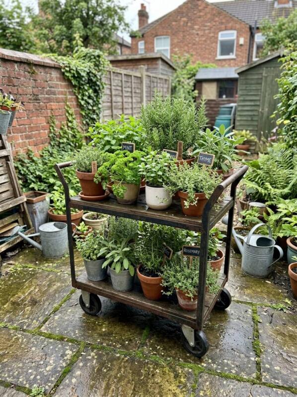 A Herb Trolley on Wheels – herb garden idea for small spaces
