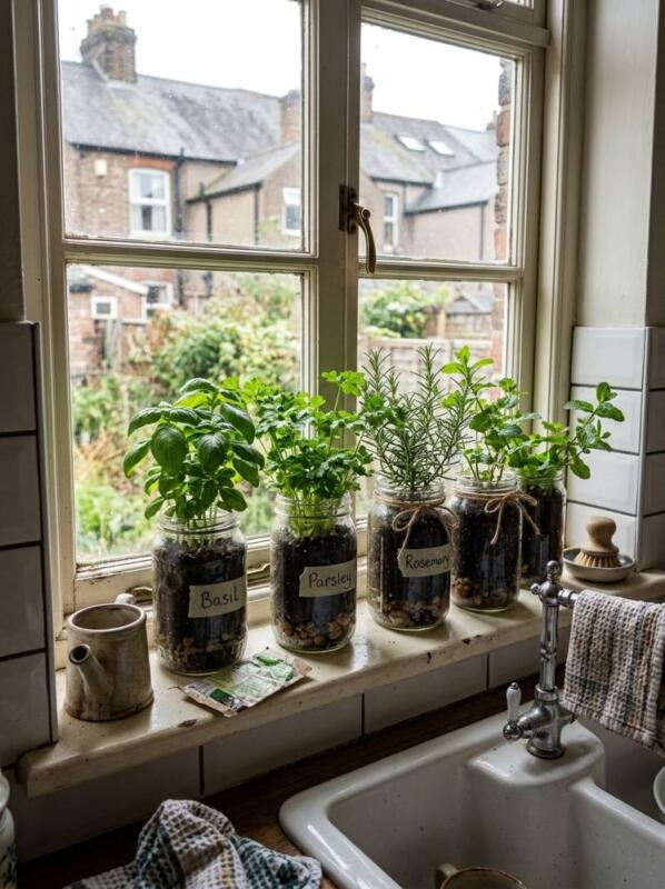 Windowsill Herbs in Glass Jars – herb garden idea for small spaces
