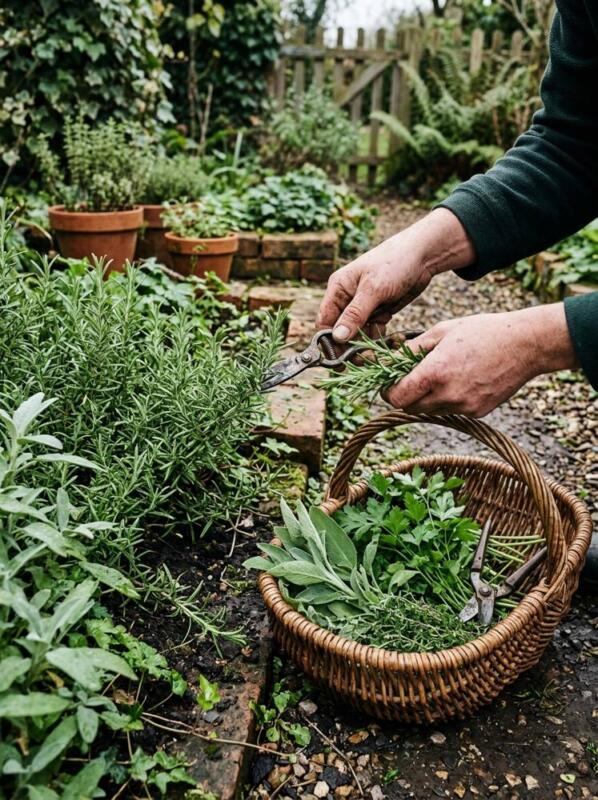 Picking Herbs into a Basket – herb garden idea for small spaces
