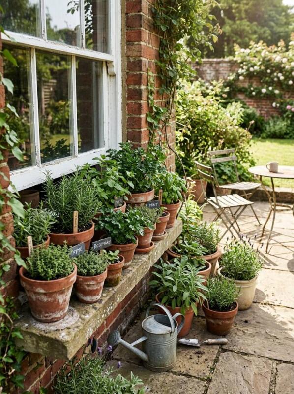 Terracotta Pots on a Sunny Ledge – herb garden idea for small spaces
