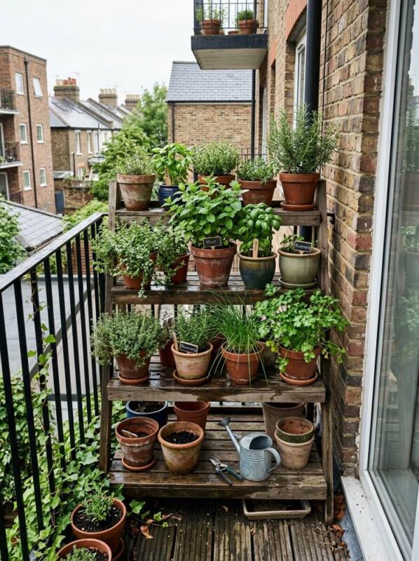 A Tiered Stand on the Balcony – herb garden idea for small spaces