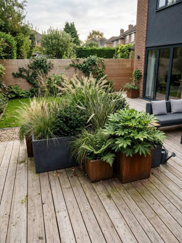 Decking with Large Planters – low maintenance garden idea for UK gardens