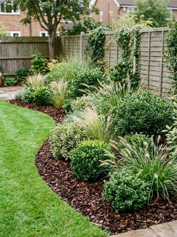 Evergreen Shrubs and Grasses with Bark Mulch – low maintenance garden idea for UK gardens