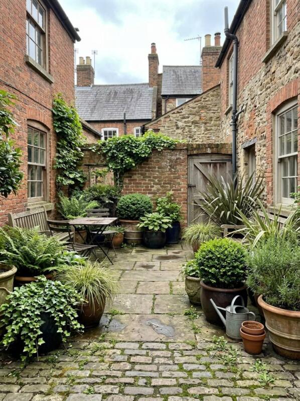 A Paved Courtyard with Large Pots – low maintenance garden idea for UK gardens