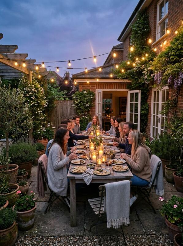 Evening Dining with Bistro Lights – Mediterranean garden idea for the UK
