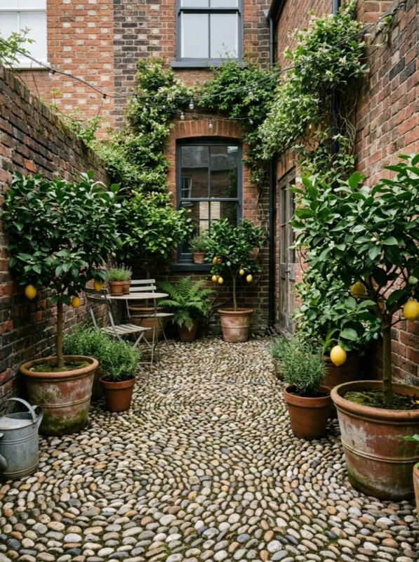 A Courtyard with Lemon Trees and a Pebble Floor – Mediterranean garden idea for the UK