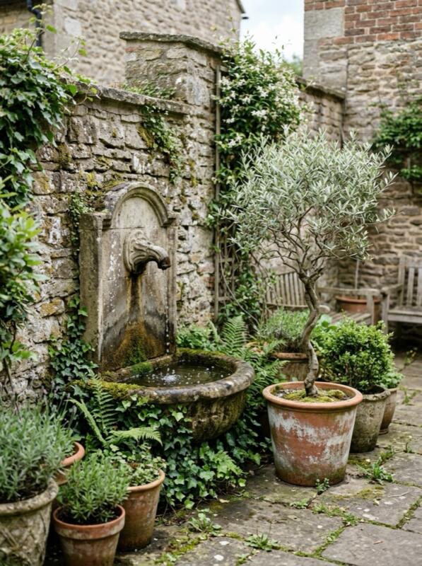 A Wall Fountain in a Courtyard – Mediterranean garden idea for the UK