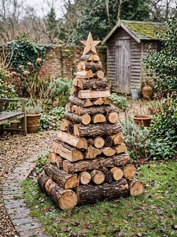 A Stacked Log Tree – outdoor Christmas tree idea for UK gardens and porches