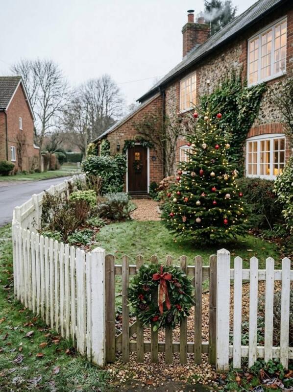 A Village-Style Tree by the Picket Fence – outdoor Christmas tree idea for UK gardens and porches