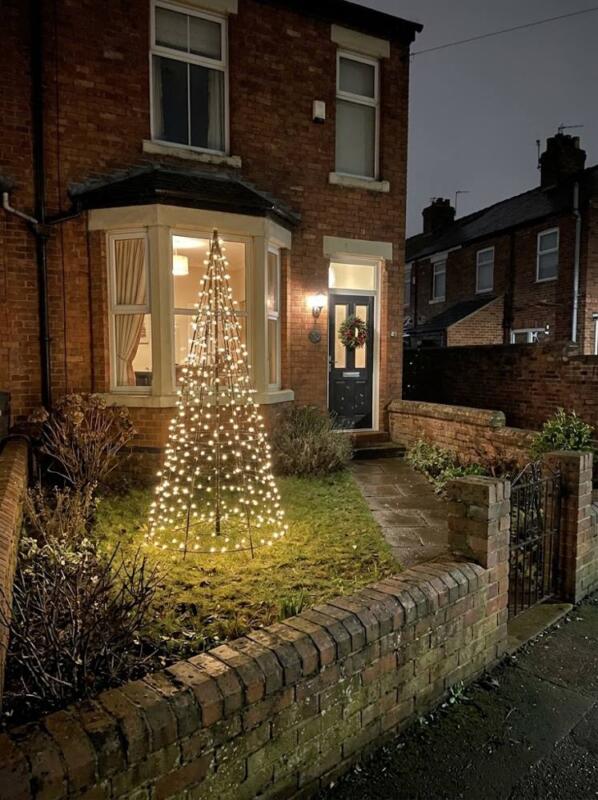 A Wire Frame Tree in the Front Garden – outdoor Christmas tree idea for UK gardens and porches