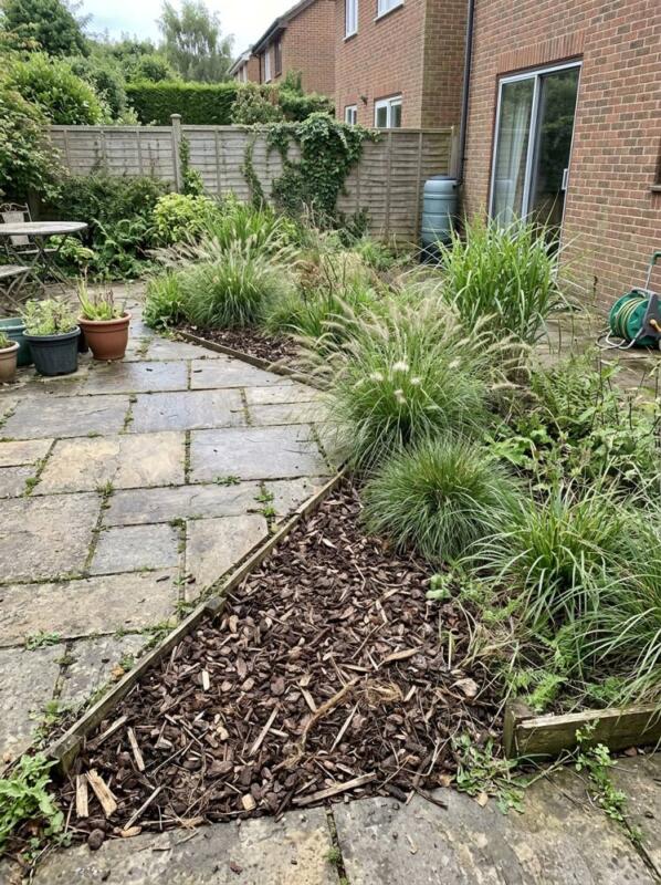 Bark Mulch Borders with Grasses – budget patio idea for UK gardens