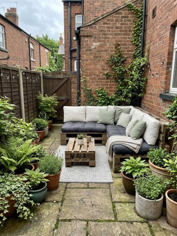 A Pallet Sofa with Cushions – budget patio idea for UK gardens