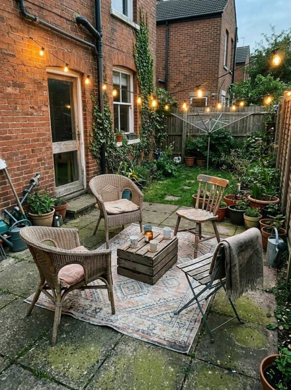 An Outdoor Rug, String Lights and Thrifted Chairs – budget patio idea for UK gardens