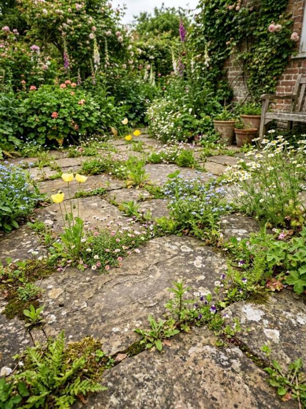 Self-Seeded Flowers in Paving Cracks – budget patio idea for UK gardens