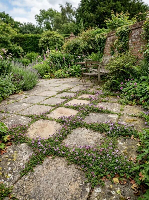 Creeping Thyme between Pavers – budget patio idea for UK gardens