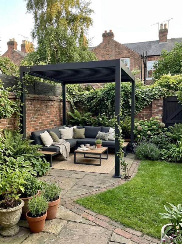 A Modern Black Metal Pergola – pergola idea for small gardens