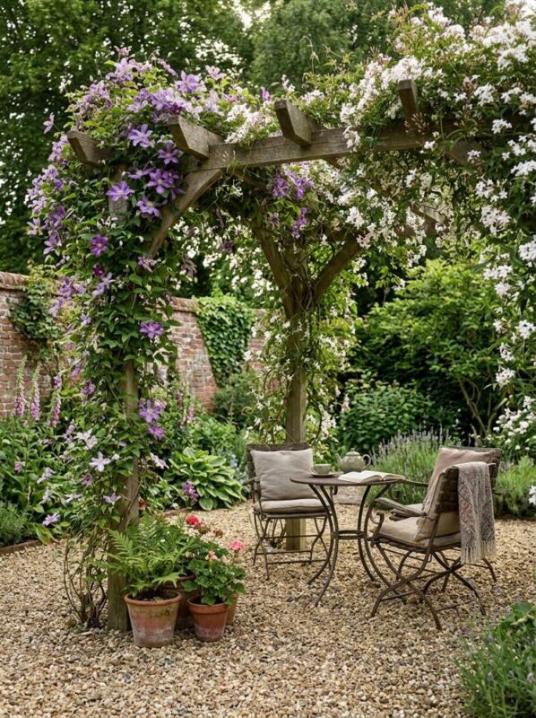 Clematis and Jasmine over a Gravel Seating Area – pergola idea for small gardens