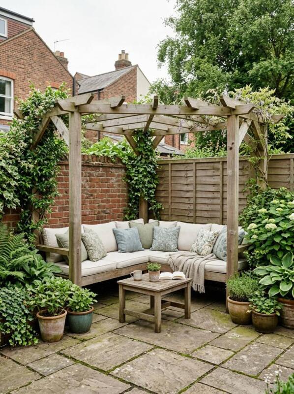 A Corner Pergola with Built-in Seating – pergola idea for small gardens