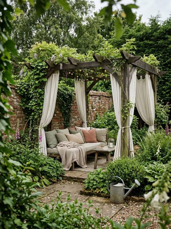 Curtains and a Daybed Retreat – pergola idea for small gardens