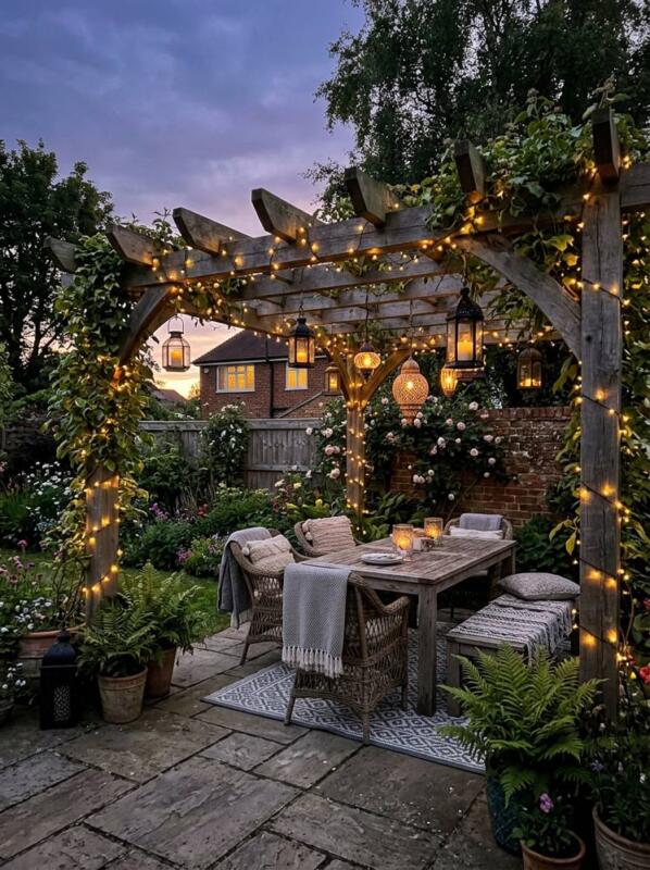 Fairy Lights and Lanterns at Dusk – pergola idea for small gardens