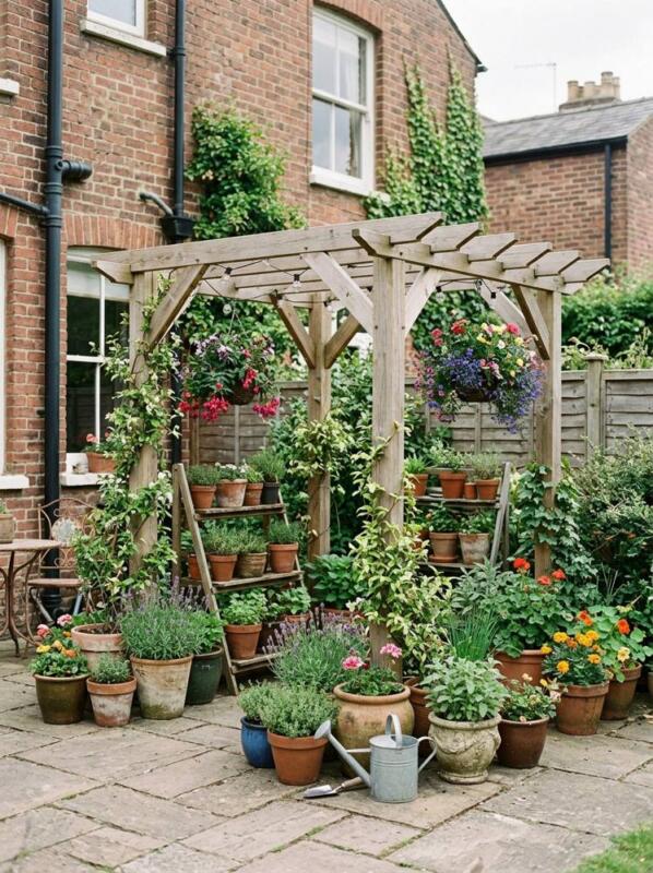 A Freestanding Pergola with Pots – pergola idea for small gardens