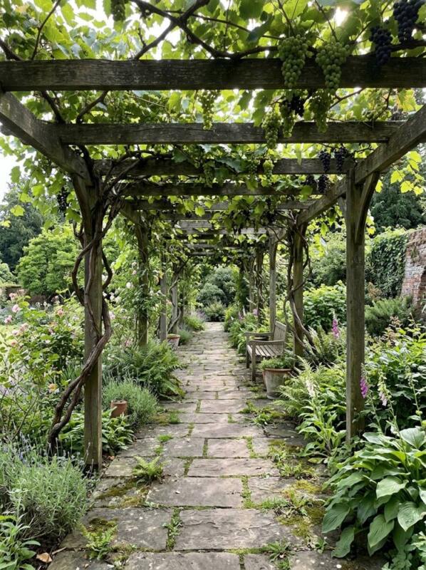 A Pergola Walkway with Grapevines – pergola idea for small gardens