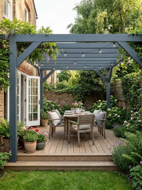 A Grey Painted Pergola over Decking – pergola idea for small gardens