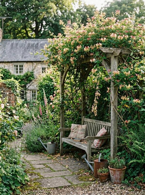 Honeysuckle over a Garden Bench – pergola idea for small gardens