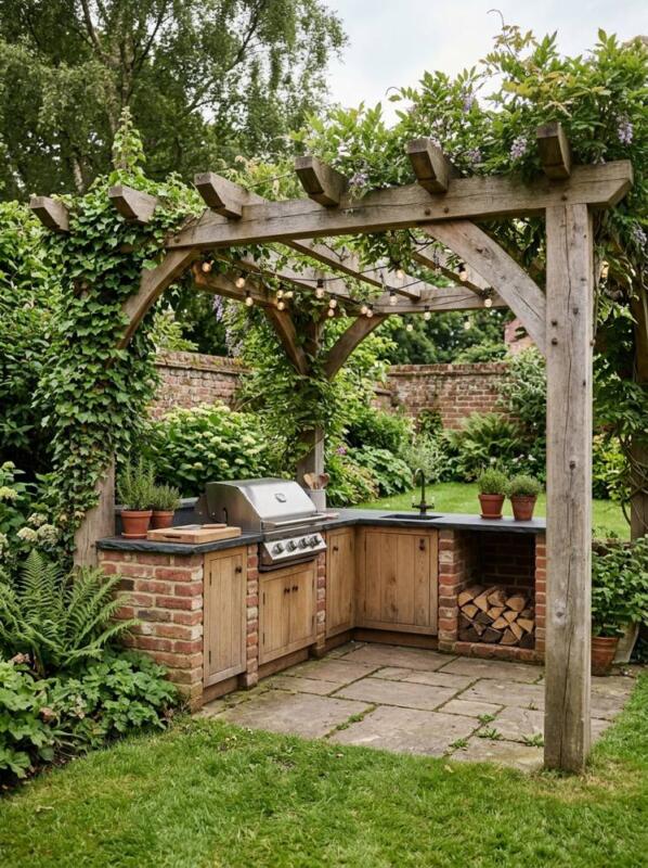 A Rustic Oak Pergola over an Outdoor Kitchen – pergola idea for small gardens