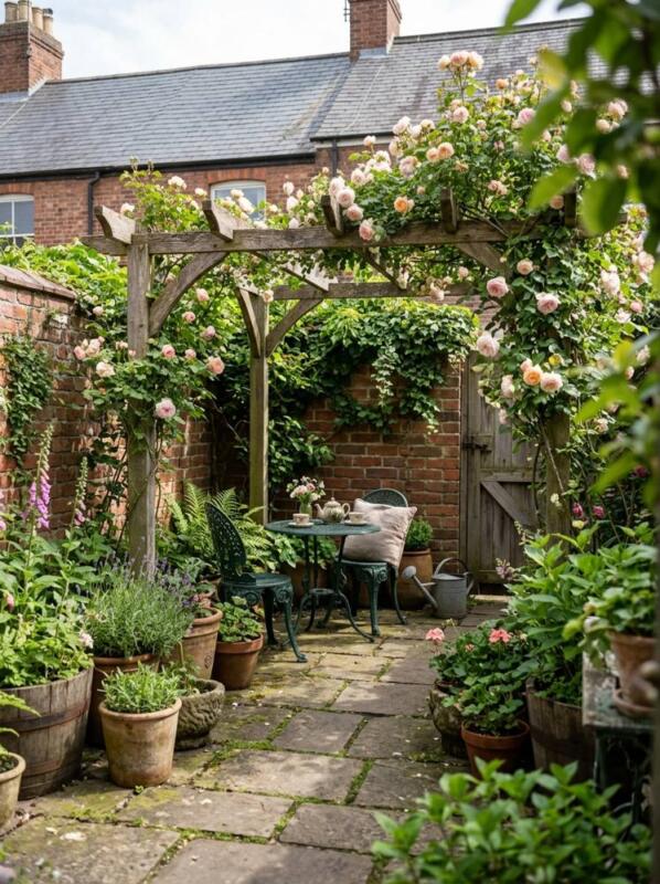 Roses and a Bistro Table in a Courtyard – pergola idea for small gardens