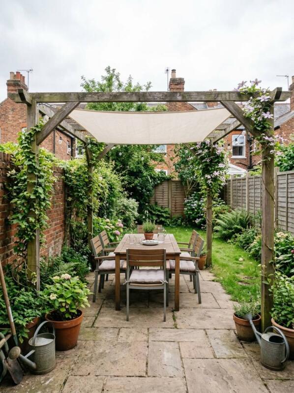 A Shade Sail over the Dining Table – pergola idea for small gardens
