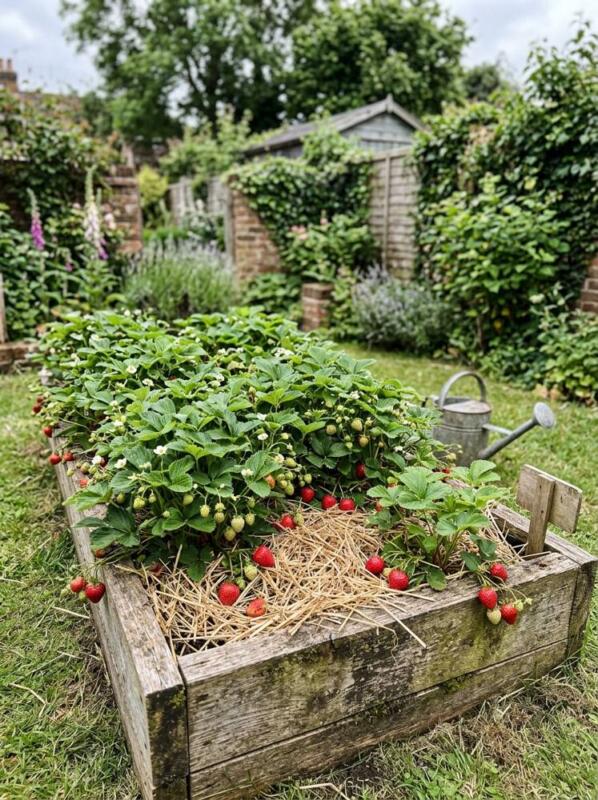 A Strawberry Bed with Straw Mulch – raised bed idea for UK gardens