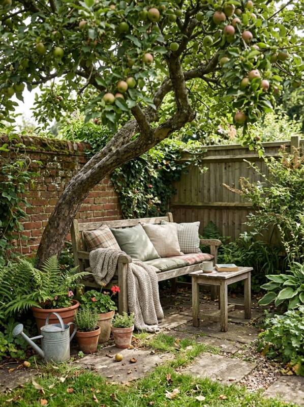 A Bench under an Apple Tree – garden seating area idea for UK gardens