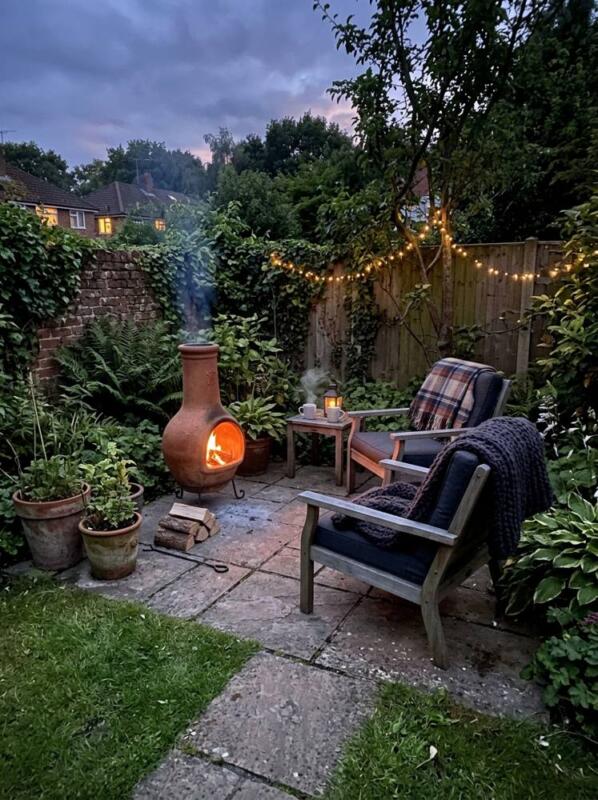 Chiminea, Chairs and Blankets – garden seating area idea for UK gardens